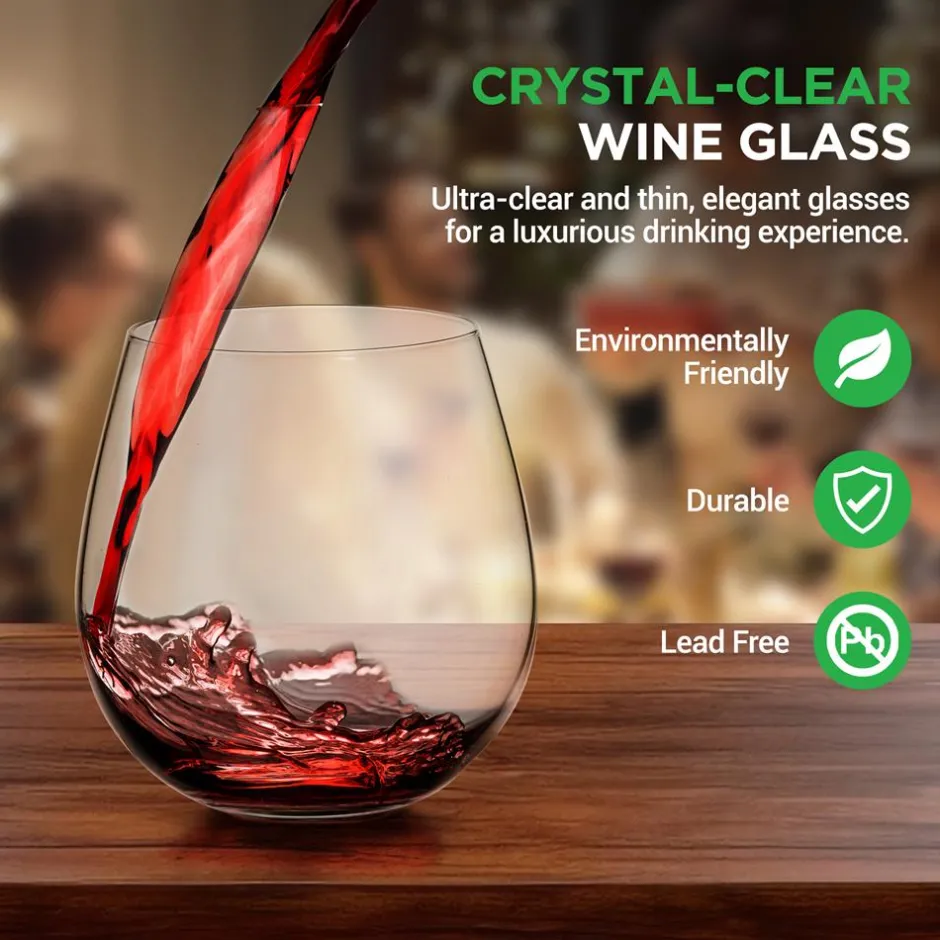Stemless Wine Glasses Set of 12, Ultra Thin Crystal, Clear, 15 Oz<NutriChef
