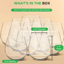 Stemless Wine Glasses Set of 12, Ultra Thin Crystal, Clear, 15 Oz<NutriChef