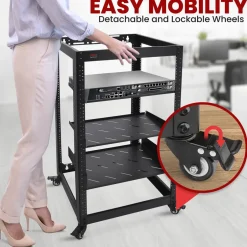 20U Open Frame Server Rack - Easy Mobility, Heavy-Duty Steel, Black<Pyle Discount