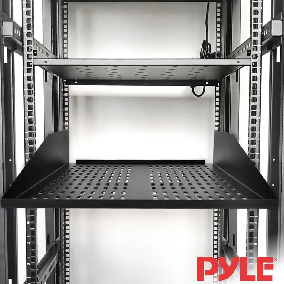 2U Server Rack Shelf, Enhanced Airflow, Heavy-Duty Steel, Black<Pyle Hot