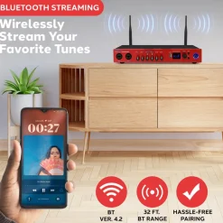 UHF Wireless Microphone System 165ft Range Bluetooth Red<Pyle New