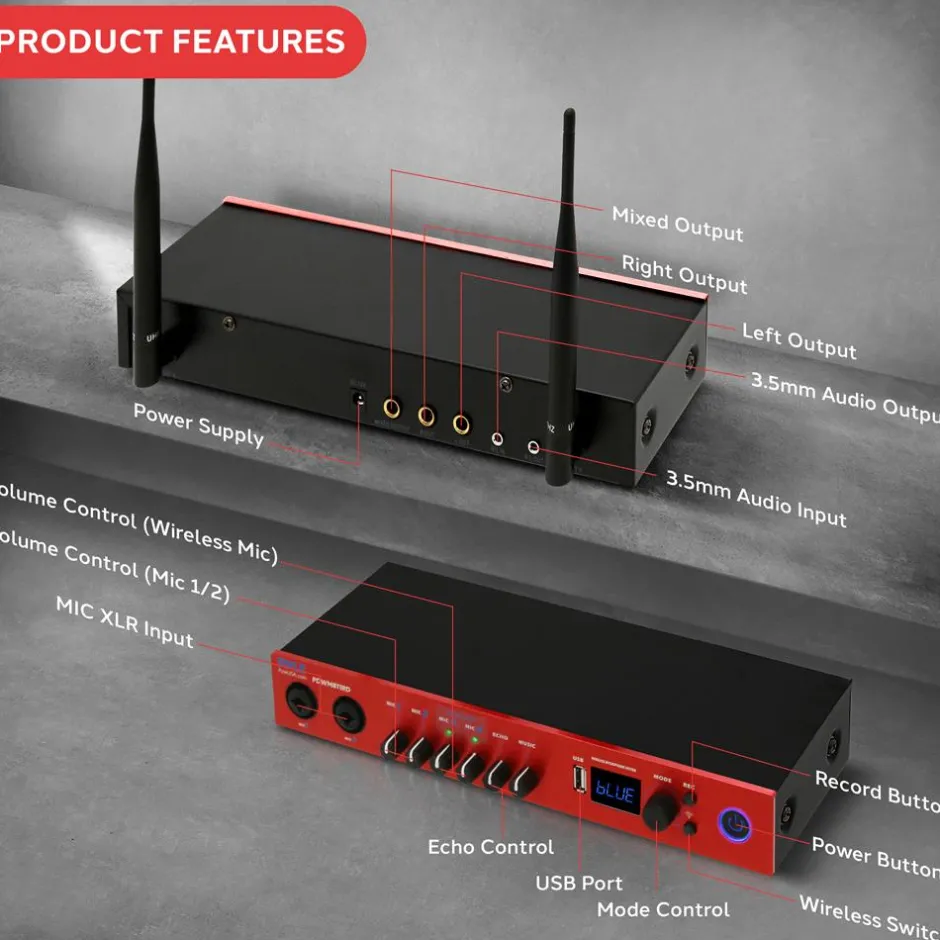 UHF Wireless Microphone System 165ft Range Bluetooth Red<Pyle New