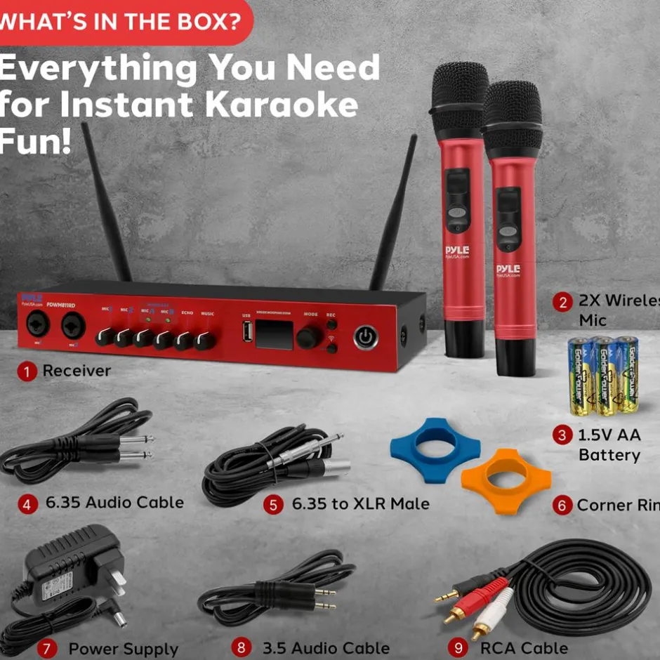 UHF Wireless Microphone System 165ft Range Bluetooth Red<Pyle New