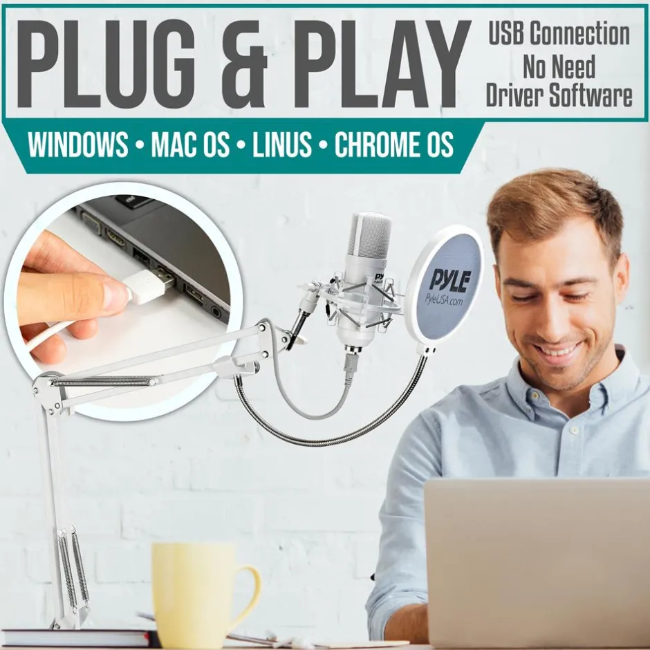 USB Condenser Microphone Kit - Studio Quality, Cardioid, White<Pyle Hot