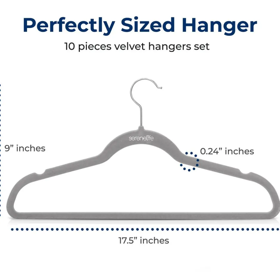 Velvet Hangers 10 Pack - Non-Slip, Space-Saving, 360° Swivel Hook, Grey<SereneLife Sale