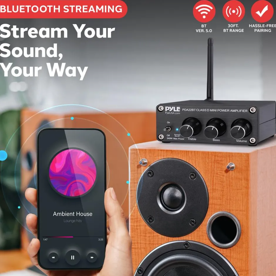 200W Bluetooth 5.0 Stereo Amplifier - Compact Mini Receiver with Bass Control<Pyle Discount