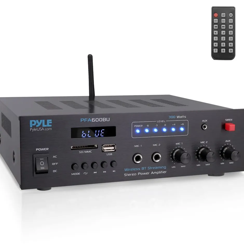 300W Bluetooth Karaoke Amplifier - Wireless Streaming, 2 Mic Inputs, Blue<Pyle