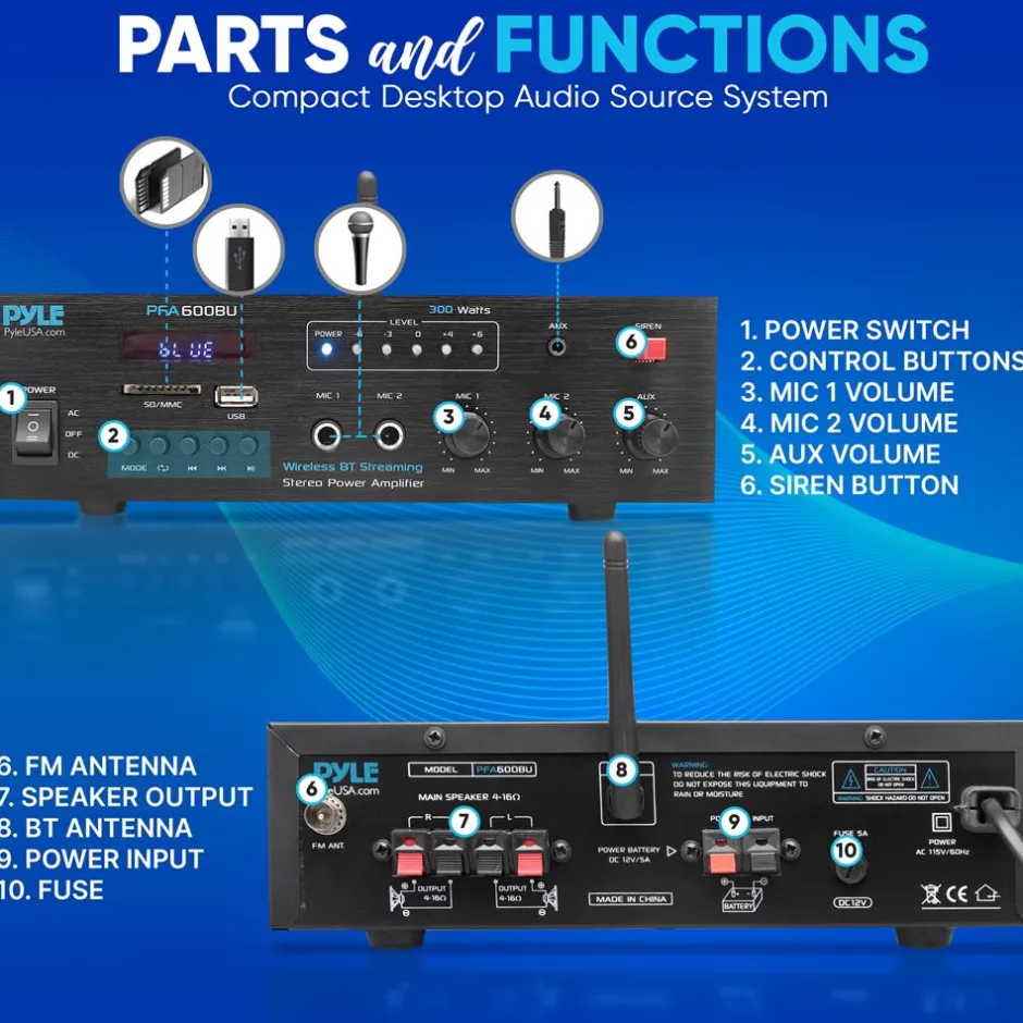300W Bluetooth Karaoke Amplifier - Wireless Streaming, 2 Mic Inputs, Blue<Pyle