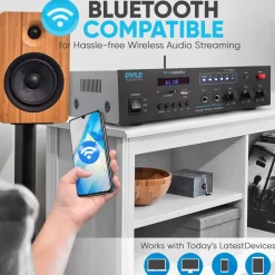 300W Bluetooth Karaoke Amplifier - Wireless Streaming, 2 Mic Inputs, Blue<Pyle