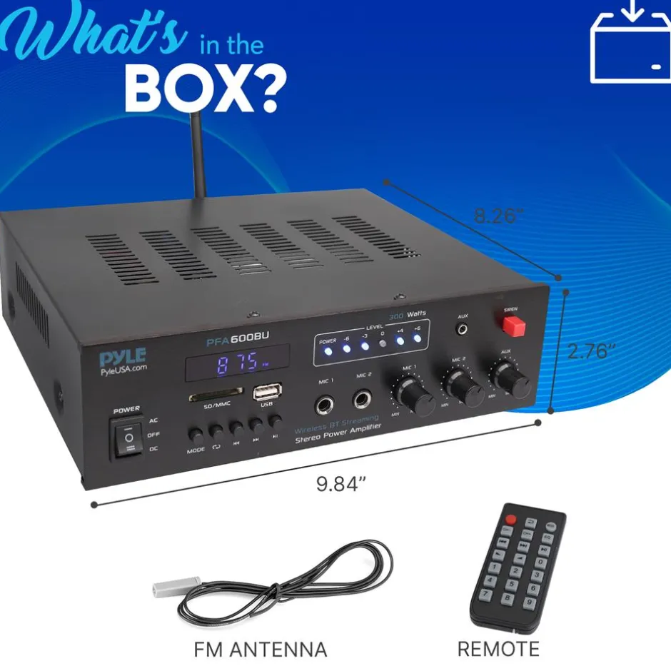 300W Bluetooth Karaoke Amplifier - Wireless Streaming, 2 Mic Inputs, Blue<Pyle