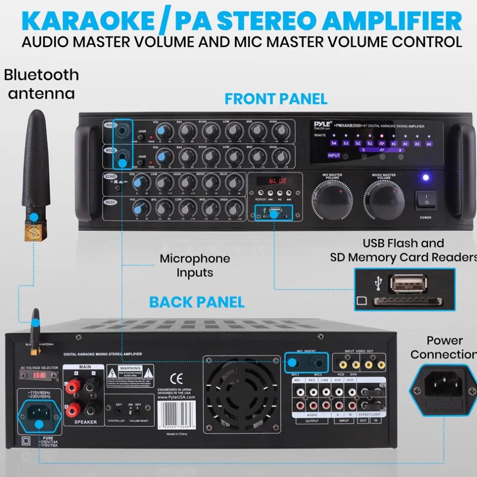 2000W Bluetooth Mixing Amplifier, Karaoke/PA, USB/SD, Rack Mountable<Pyle Clearance