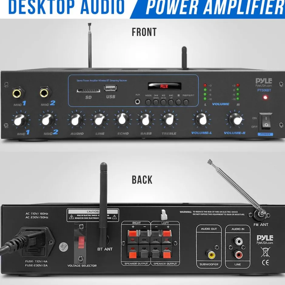 600W Bluetooth Stereo Amplifier - Wireless Streaming, FM Radio, Metal Housing<Pyle Outlet