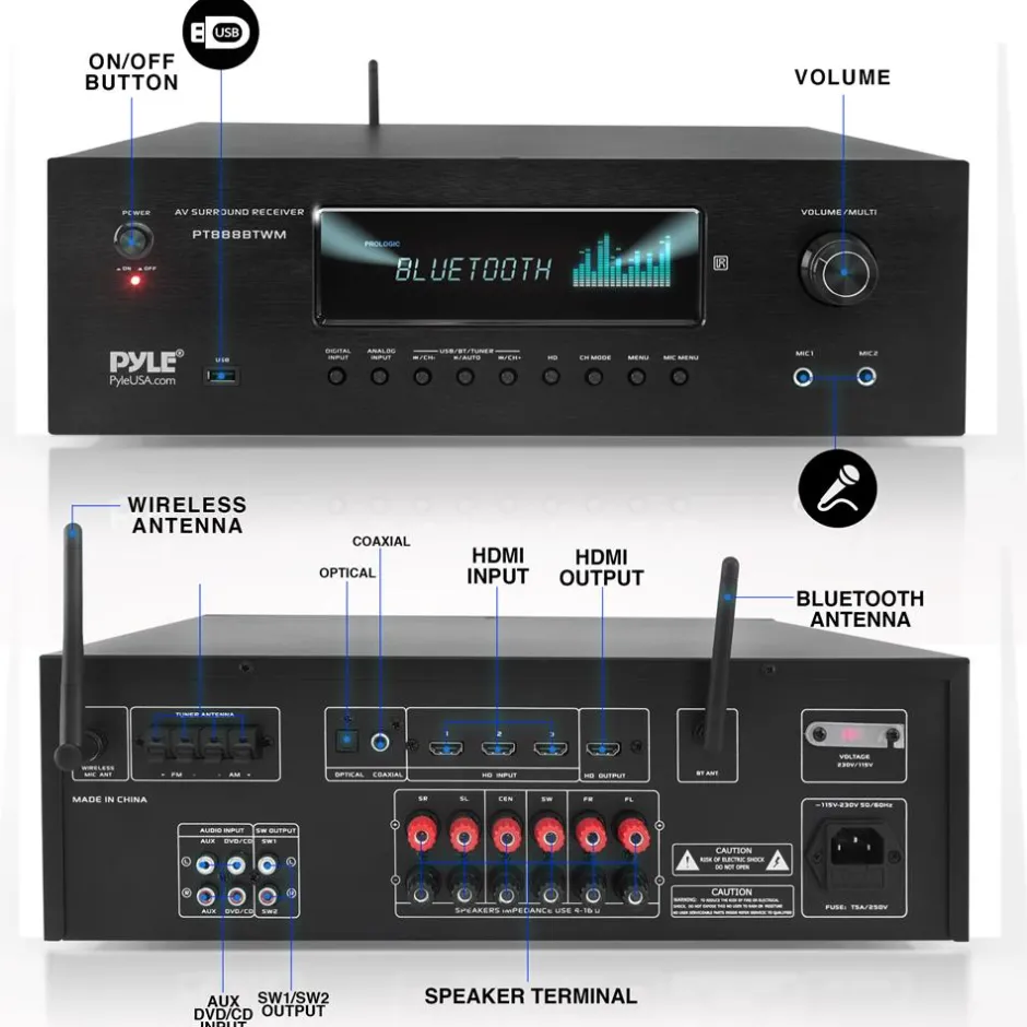 1000W 5.2-Channel Bluetooth Receiver with Wireless Mics<Pyle Clearance