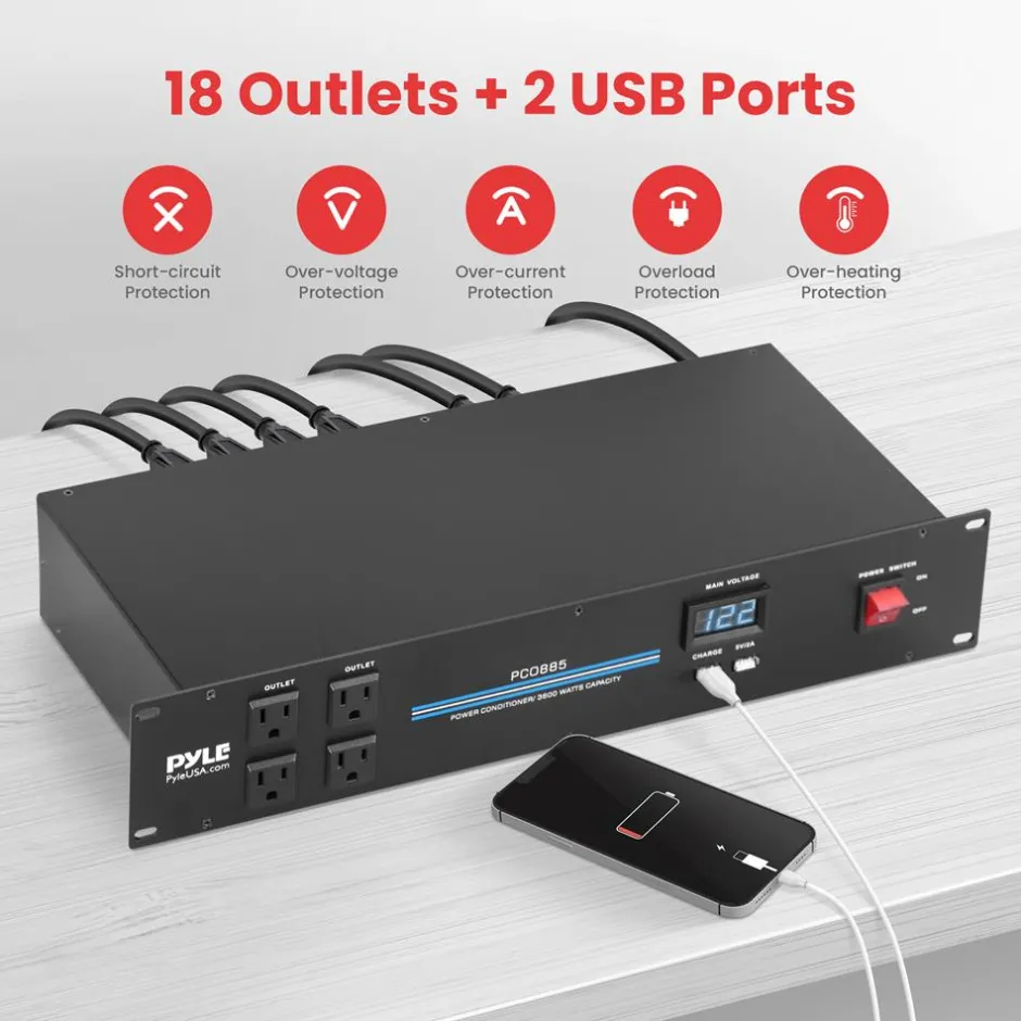 3600W 18-Outlet Rack Power Conditioner, Surge Protection, Digital Display<Pyle Discount