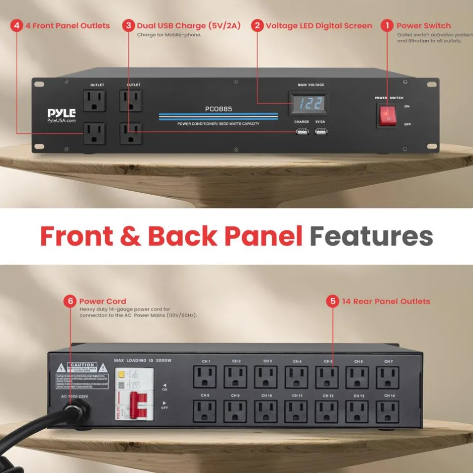 3600W 18-Outlet Rack Power Conditioner, Surge Protection, Digital Display<Pyle Discount