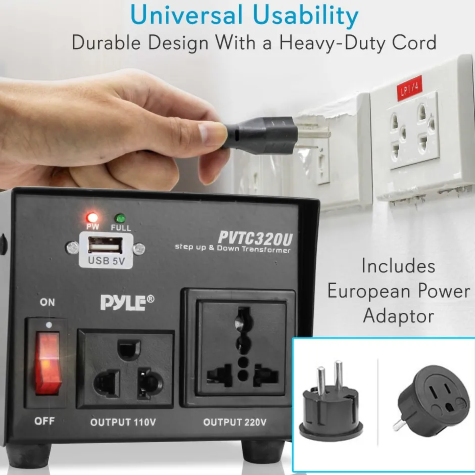500W Voltage Converter Transformer, USB Port, Metal Housing, Compact<Pyle Clearance