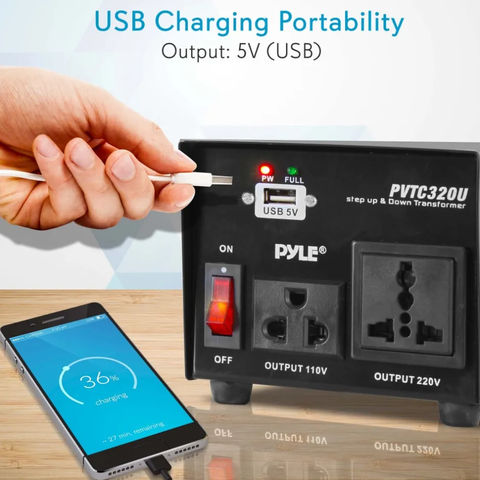 500W Voltage Converter Transformer, USB Port, Metal Housing, Compact<Pyle Clearance