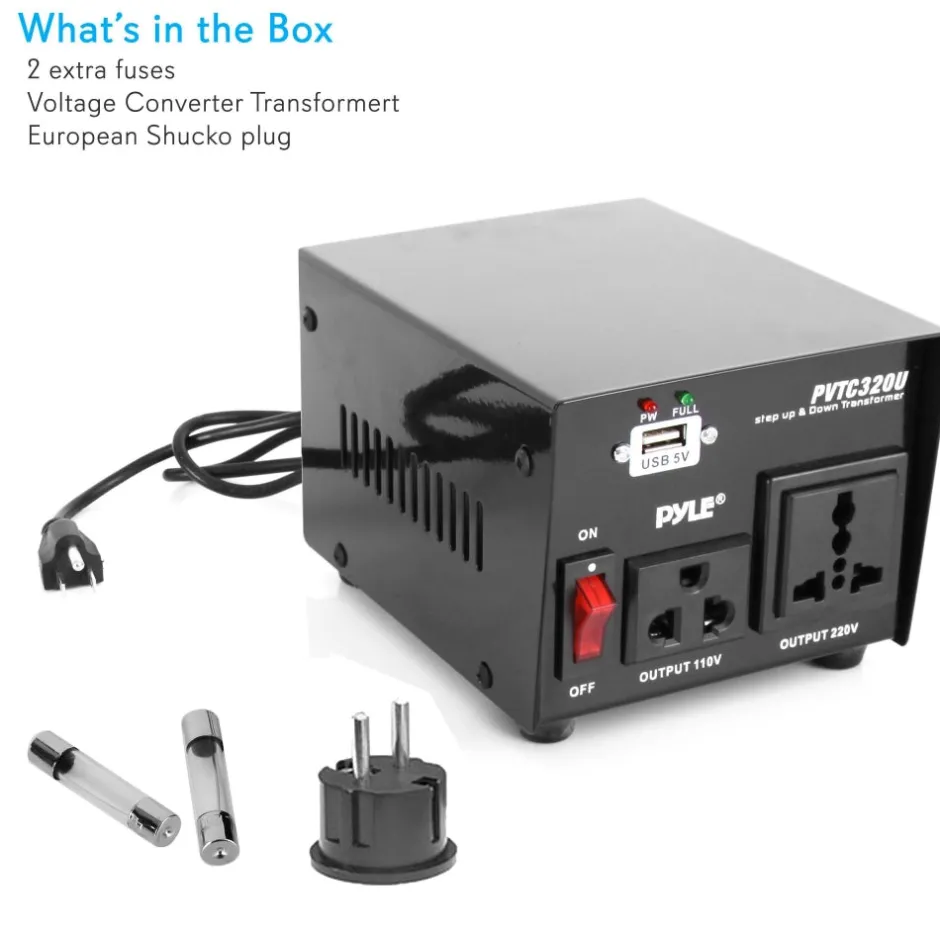 500W Voltage Converter Transformer, USB Port, Metal Housing, Compact<Pyle Clearance