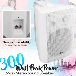 Wall Mount Speaker System - Wireless Bluetooth, 300W, White<Pyle New