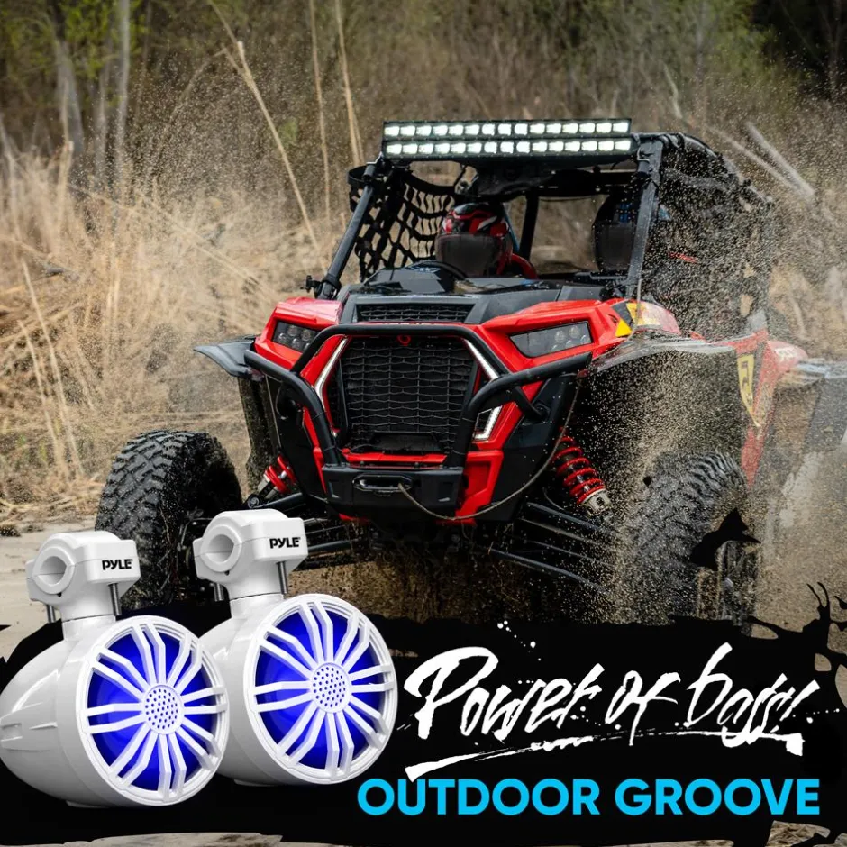 Waterproof Bluetooth Off-Road Speakers 40W Marine Woofer RGB Lights White<Pyle Best