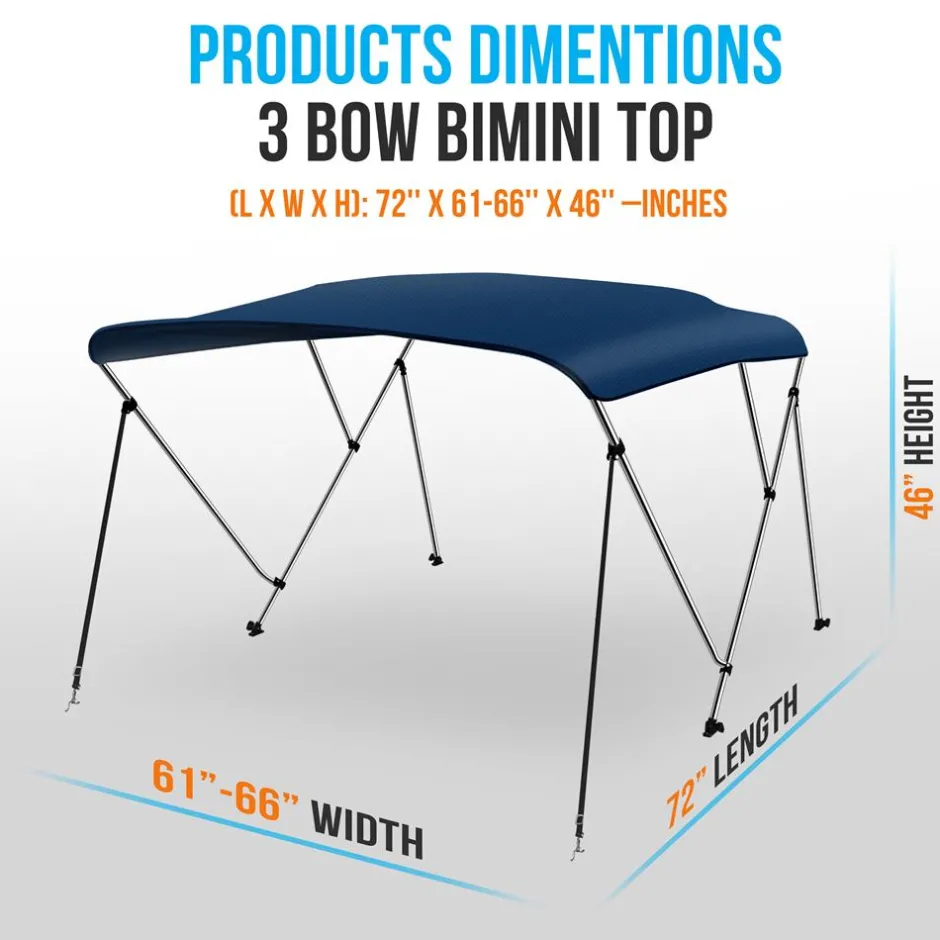 Waterproof Boat Bimini Top Sun Shade, 3 Bow, 600D Canvas, Navy Blue<SereneLife