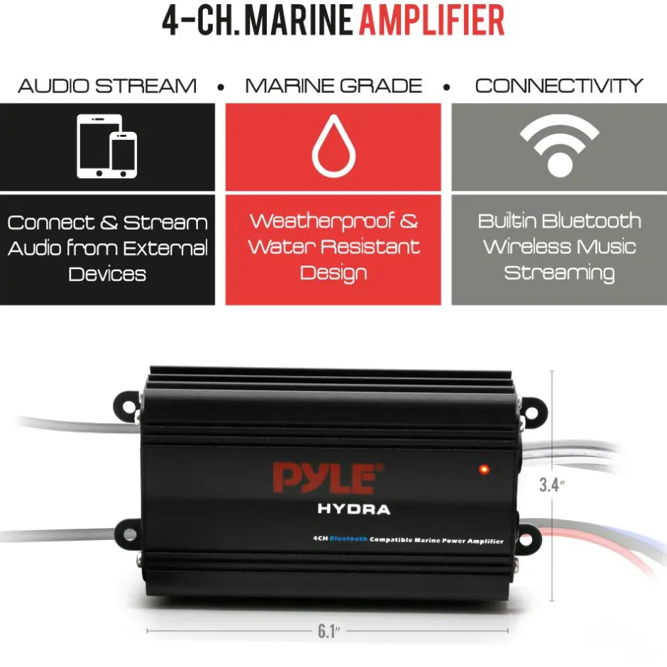 Waterproof 4-Channel Bluetooth Marine Amplifier Kit<Pyle New