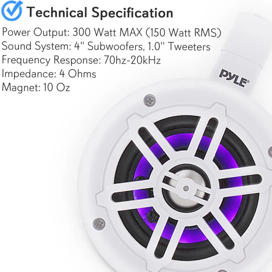 Waterproof Marine Speakers, Bluetooth, LED Lights, 4" White<Pyle Hot