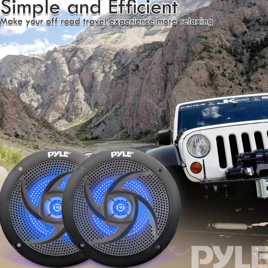 Waterproof Marine Speakers 100W LED Lights Low-Profile Slim Style<Pyle New