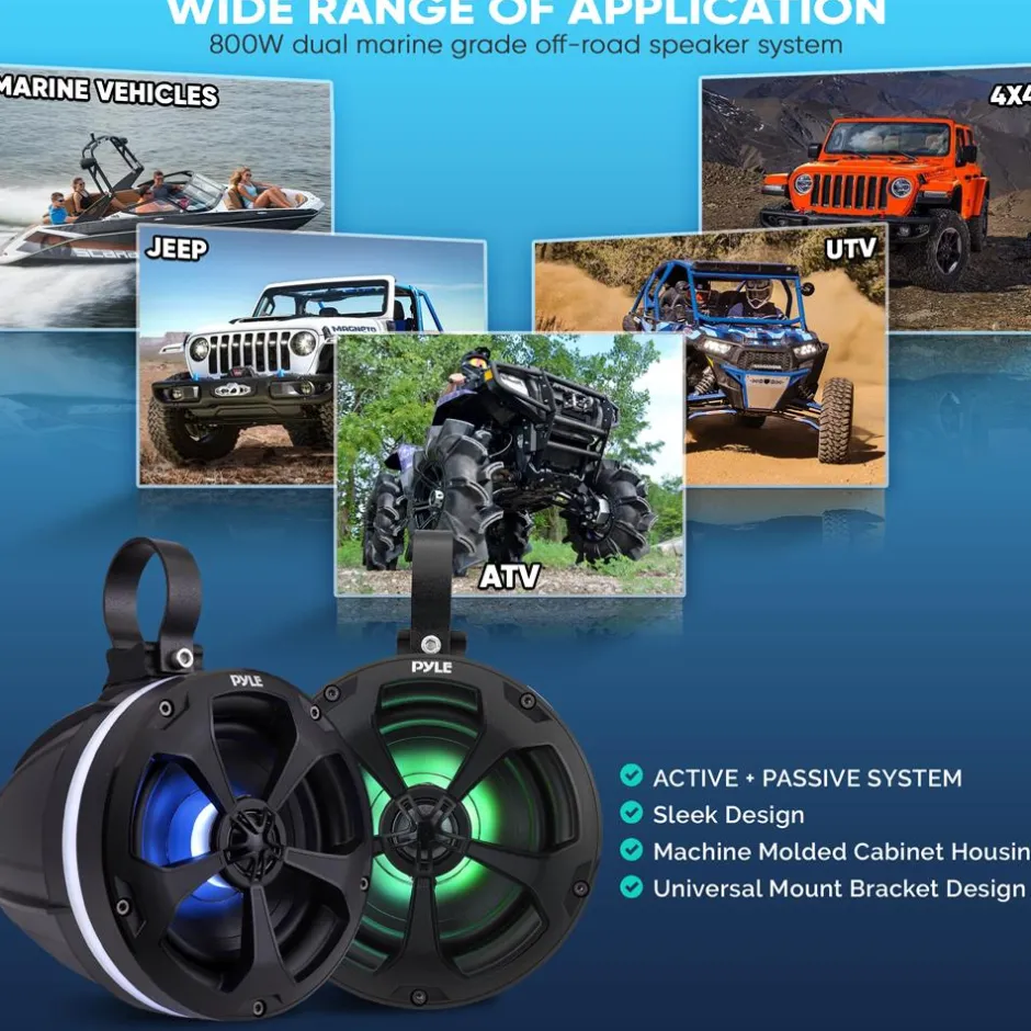 Waterproof Off-Road Speakers 1000W Bluetooth RGB Lights for ATV/UTV<Pyle Clearance