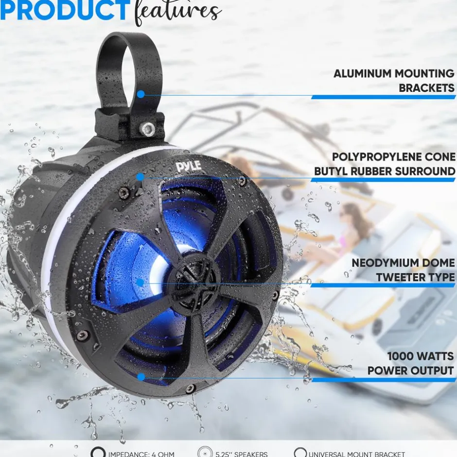 Waterproof Off-Road Speakers 1000W Bluetooth RGB Lights for ATV/UTV<Pyle Clearance