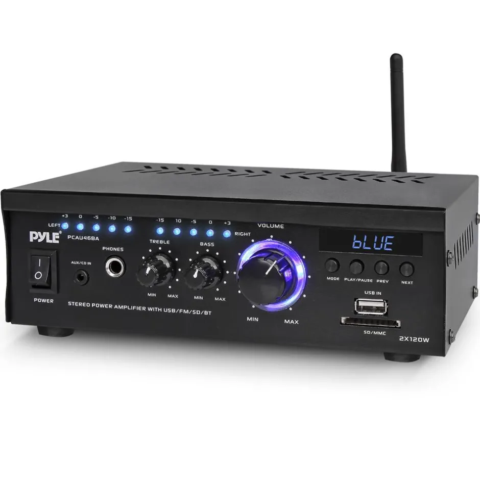 Wireless Bluetooth Stereo Amplifier 240W Blue LED Display USB/SD/FM<Pyle Clearance