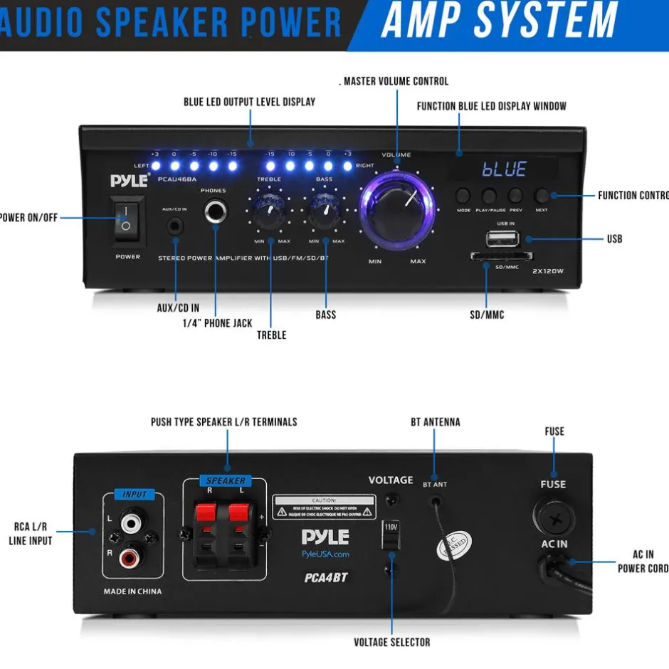 Wireless Bluetooth Stereo Amplifier 240W Blue LED Display USB/SD/FM<Pyle Clearance