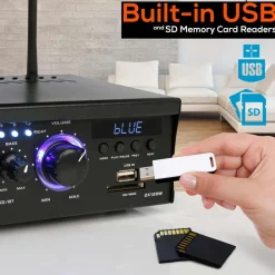 Wireless Bluetooth Stereo Amplifier 240W Blue LED Display USB/SD/FM<Pyle Clearance