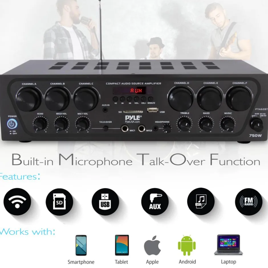 Wireless 6-Ch. Stereo Amplifier 750W Bluetooth Streaming USB/AUX<Pyle Clearance