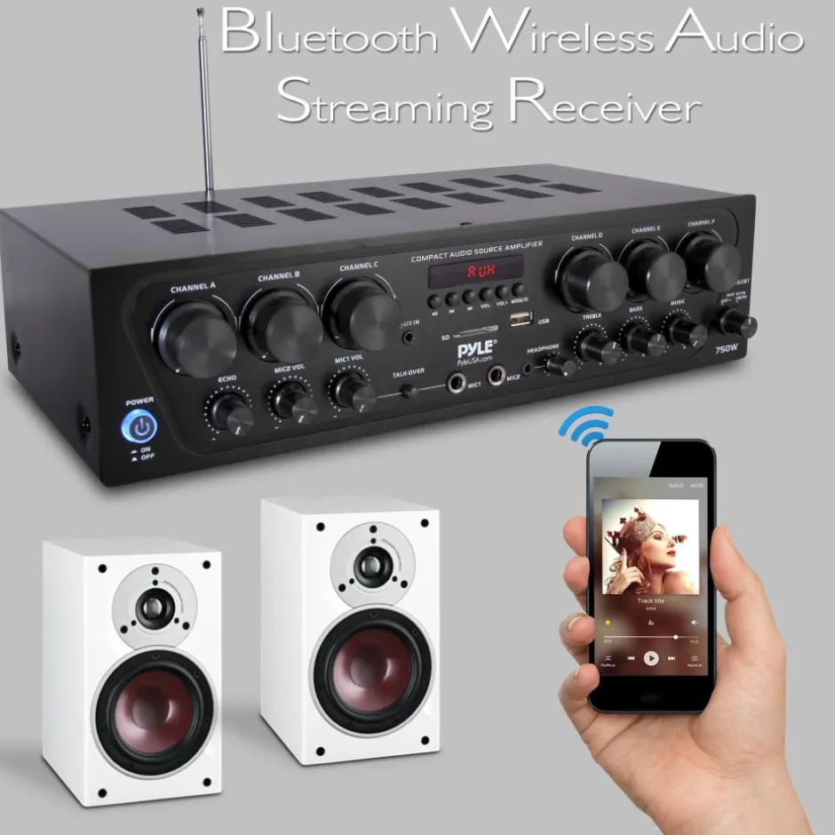 Wireless 6-Ch. Stereo Amplifier 750W Bluetooth Streaming USB/AUX<Pyle Clearance