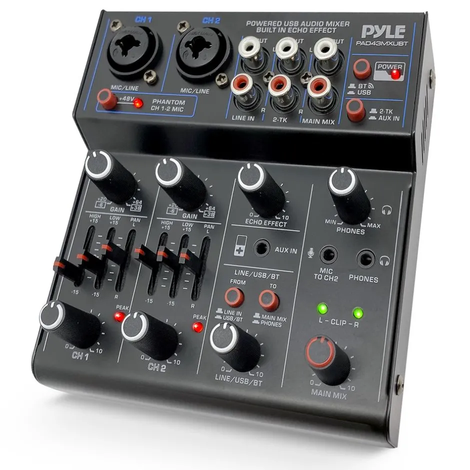 Wireless 4-Channel Audio Mixer - Bluetooth, USB Interface, Echo Effect<Pyle