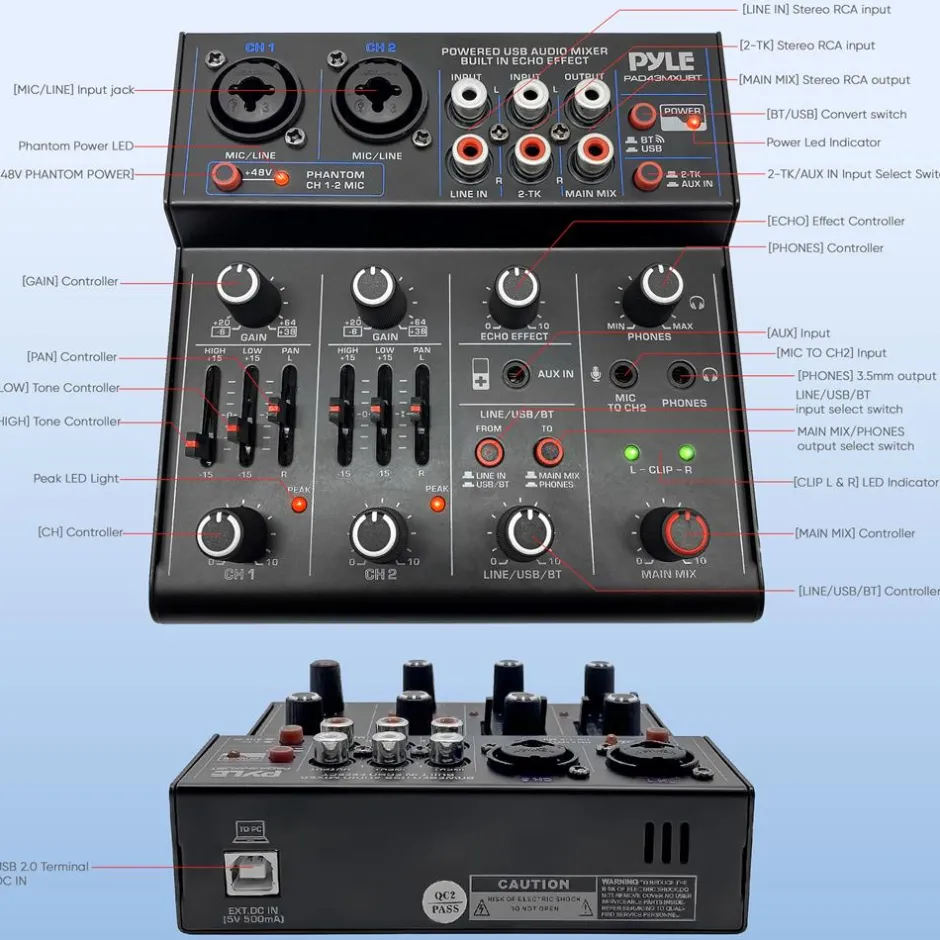 Wireless 4-Channel Audio Mixer - Bluetooth, USB Interface, Echo Effect<Pyle