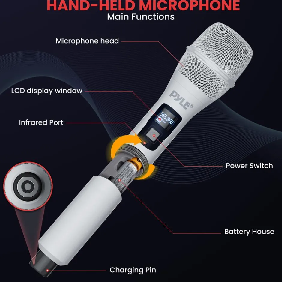 Wireless Mic System 160ft Range Rechargeable UHF Receiver 100 Channels<Pyle Clearance