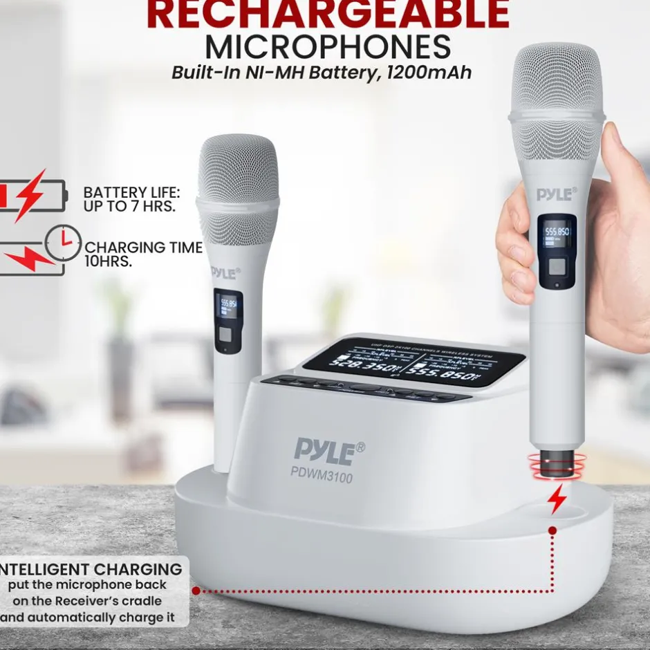 Wireless Mic System 160ft Range Rechargeable UHF Receiver 100 Channels<Pyle Clearance