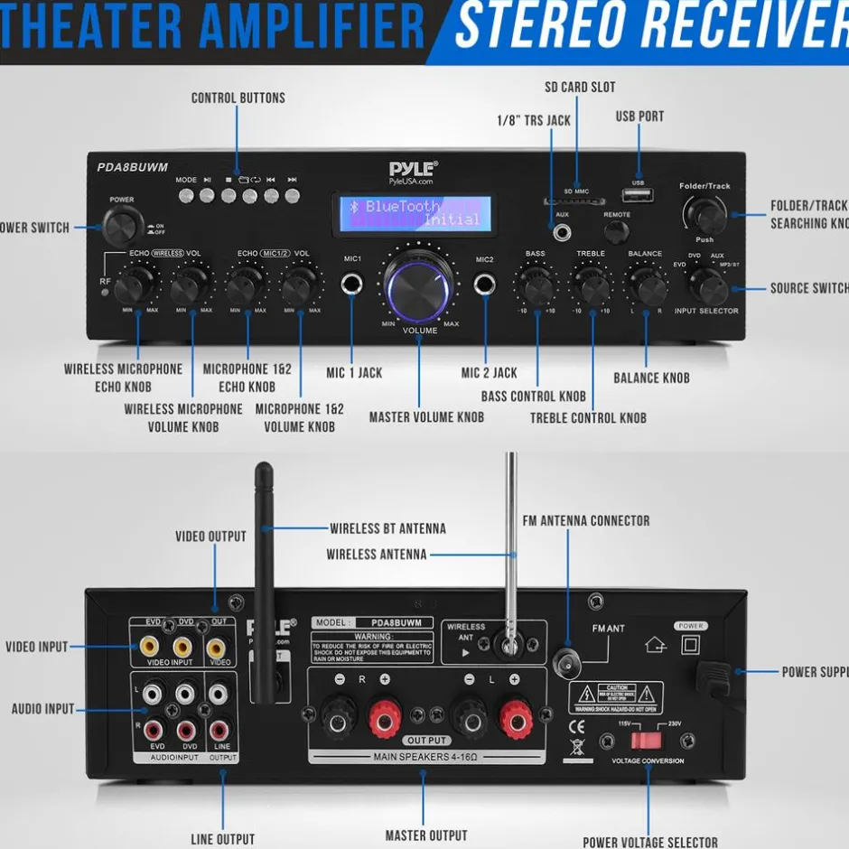 Wireless Microphone Amplifier 200W Bluetooth Streaming Dual Mic Inputs<Pyle Sale