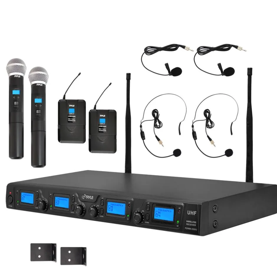 Wireless Microphone System Kit, 4-Channel UHF, Low Distortion, Includes Mics<Pyle Online