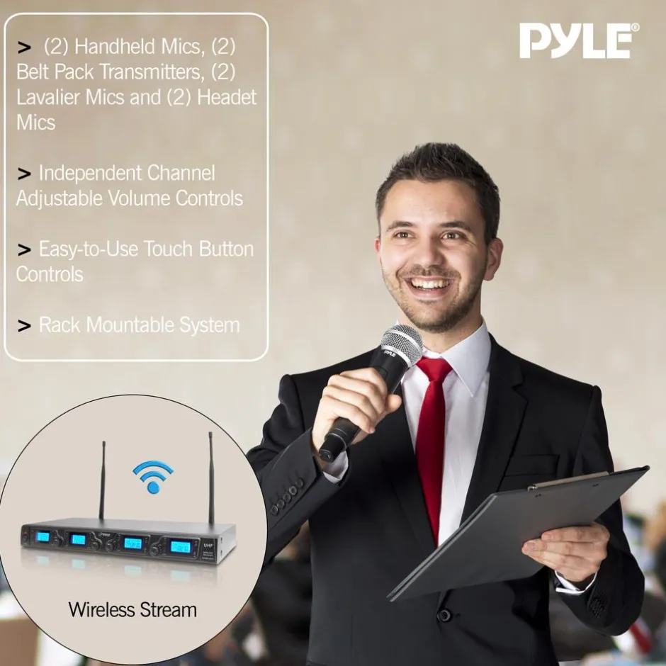 Wireless Microphone System Kit, 4-Channel UHF, Low Distortion, Includes Mics<Pyle Online
