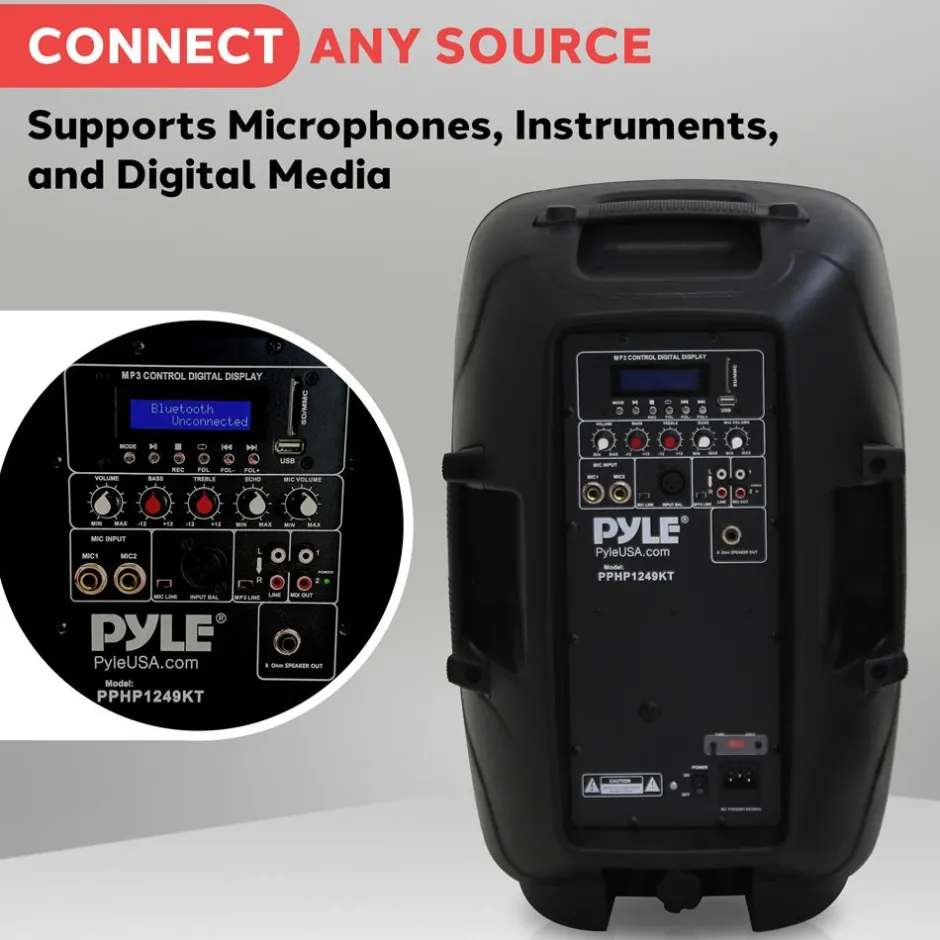 Wireless PA System Kit 1800W - Bluetooth, Dual 12" Speakers, Stands, Mic<Pyle Hot