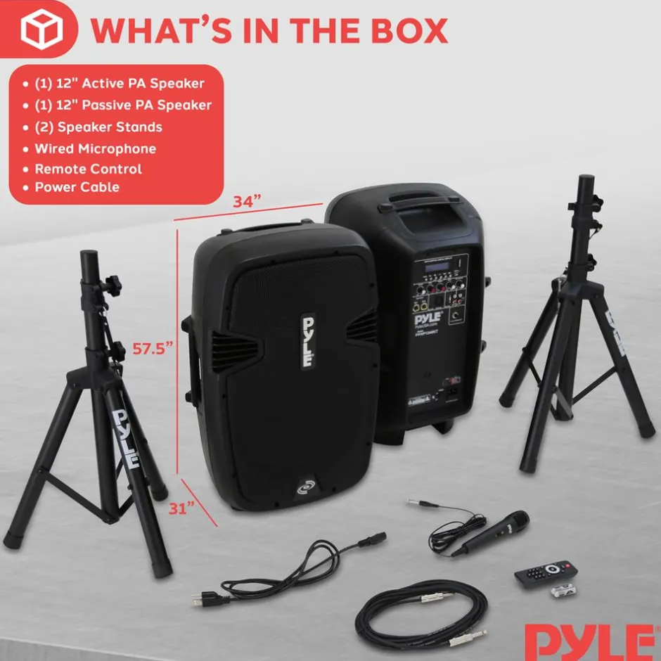 Wireless PA System Kit 1800W - Bluetooth, Dual 12" Speakers, Stands, Mic<Pyle Hot