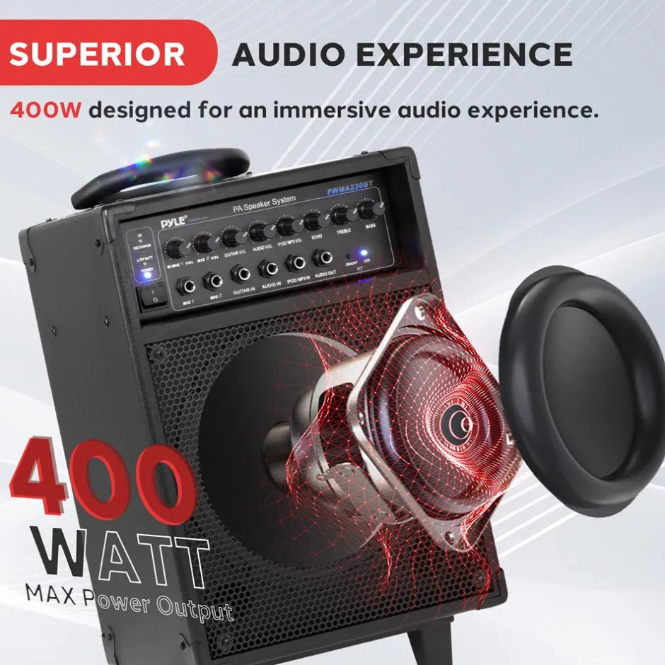 Wireless Portable PA System 400W Rechargeable Bluetooth Speaker w/Wheels<Pyle Sale