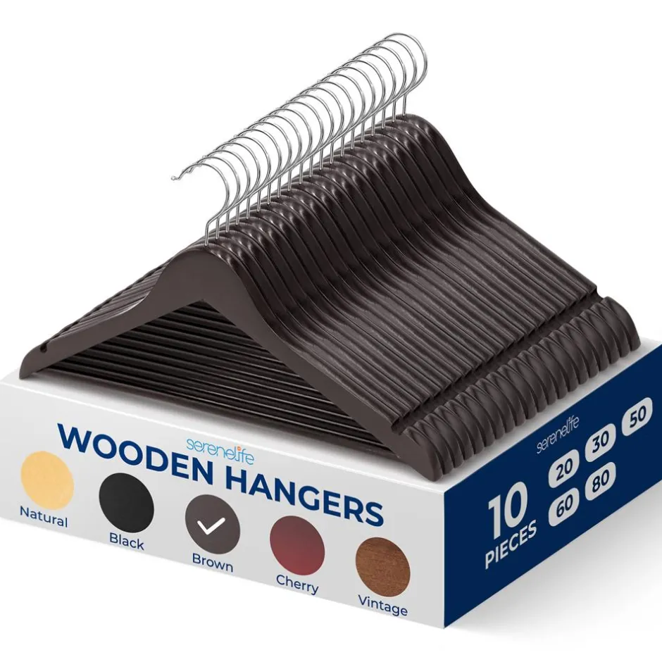 Wooden Coat Hangers 10-Pack, Durable 360° Swivel Hook, Natural Wood<SereneLife Best