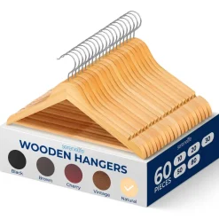 Wooden Hangers 60-Pack, Heavy Duty, 360° Swivel Hook, Natural Wood<SereneLife Best
