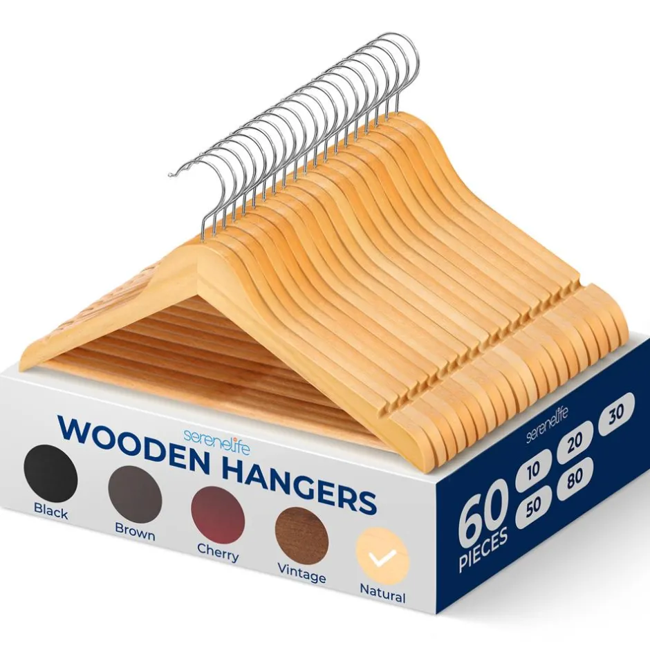 Wooden Hangers 60-Pack, Heavy Duty, 360° Swivel Hook, Natural Wood<SereneLife Best