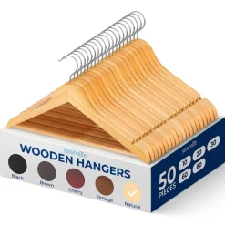 Wooden Hangers 50-Pack, Heavy Duty, 360° Swivel Hook, Natural Wood<SereneLife Hot