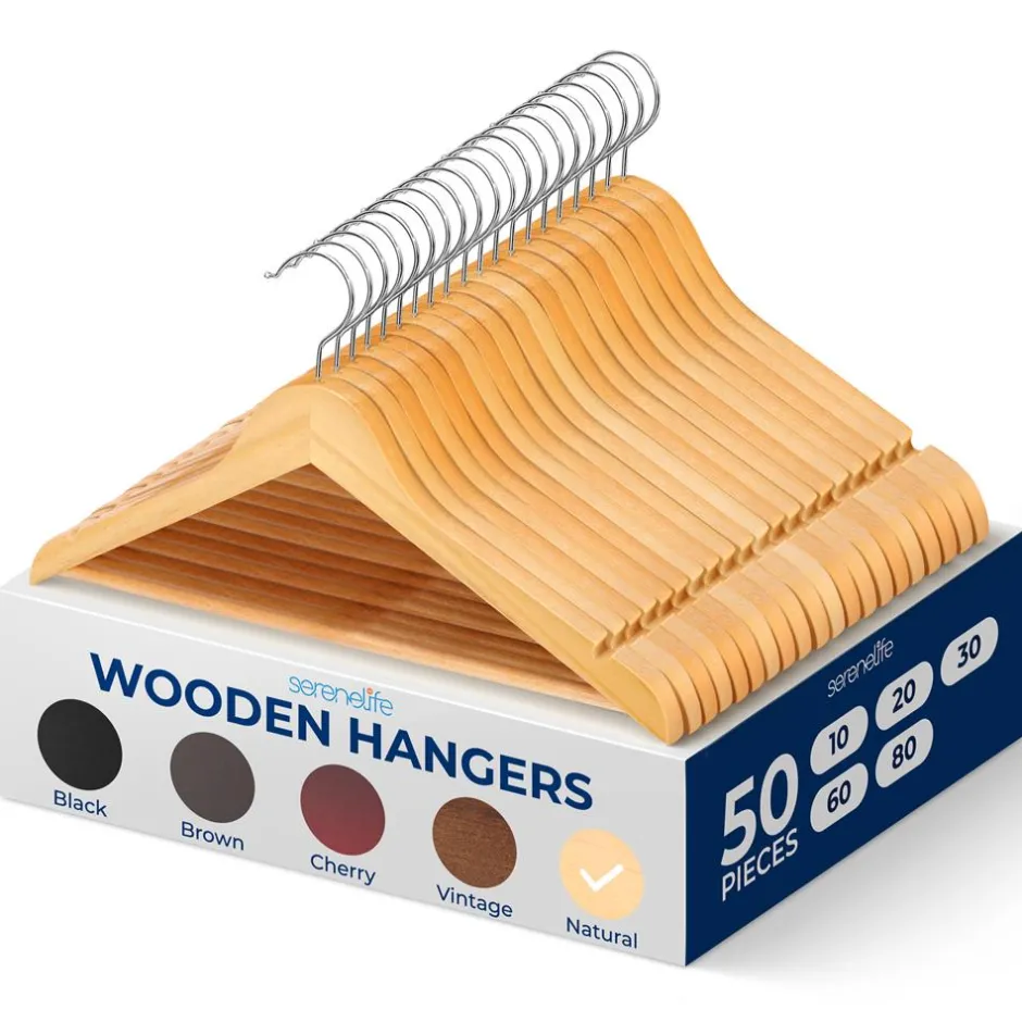 Wooden Hangers 50-Pack, Heavy Duty, 360° Swivel Hook, Natural Wood<SereneLife Hot
